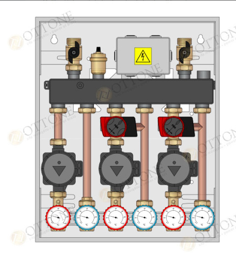 Moduł hydrauliczny Wallbox: sprzęgło-rozdzielacz/rozdzielacz do 35kW, 1 strefa wysokotemperaturowa, 2 strefy niskotemperaturowe Moduł hydrauliczny Wallbox: sprzęgło-rozdzielacz/rozdzielacz do 35kW, 1 strefa wysokotemperaturowa, 2 strefy niskotemperaturowe